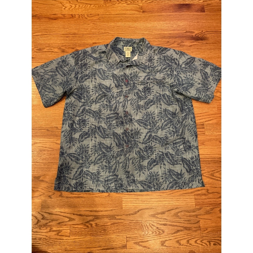 LL Bean Men's Coolmax Hawaiian Shirt Blue Palm Fronds Chest Pocket Size XL